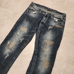 Smoke Rise Mens 38x30 DISTRESSED HipHop Embroidered Skater Jeans Streetwear Wide